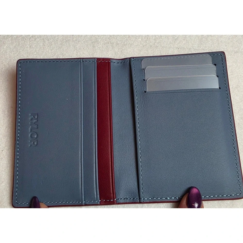 Rylor Leather Bifold Card Holder Wallet Burgundy Red Blue Stripe Minimalist New